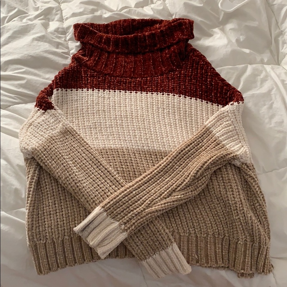Tri-Color Turtleneck Chenile Sweater